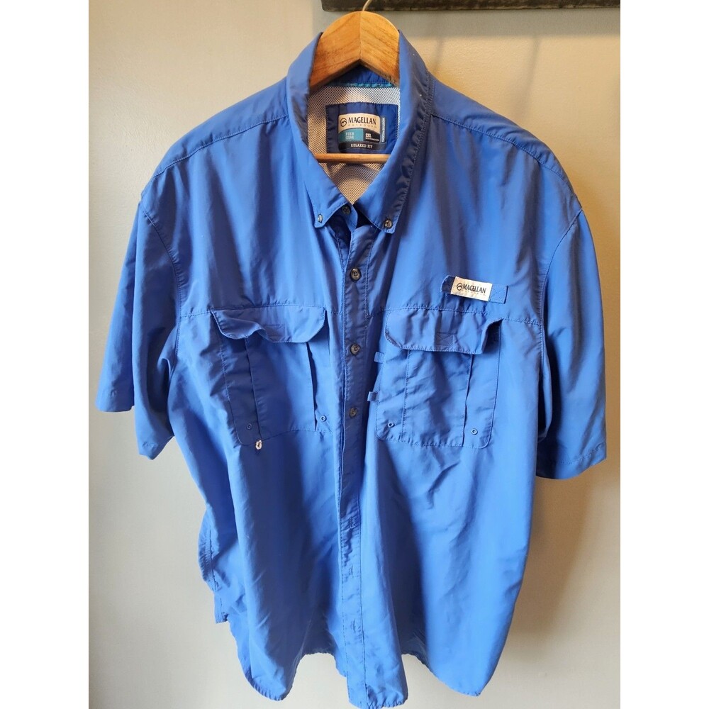 Men's Magellan Outdoors Fish Gear Relaxed Fit Blue Moisture Wicking Shirt Sz 2XL